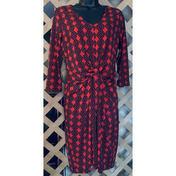 Karen Kane 4L60547 Tangerine Red Diamond Print Stretch Jersey Tiffany Dress M - Picture 4 of 9